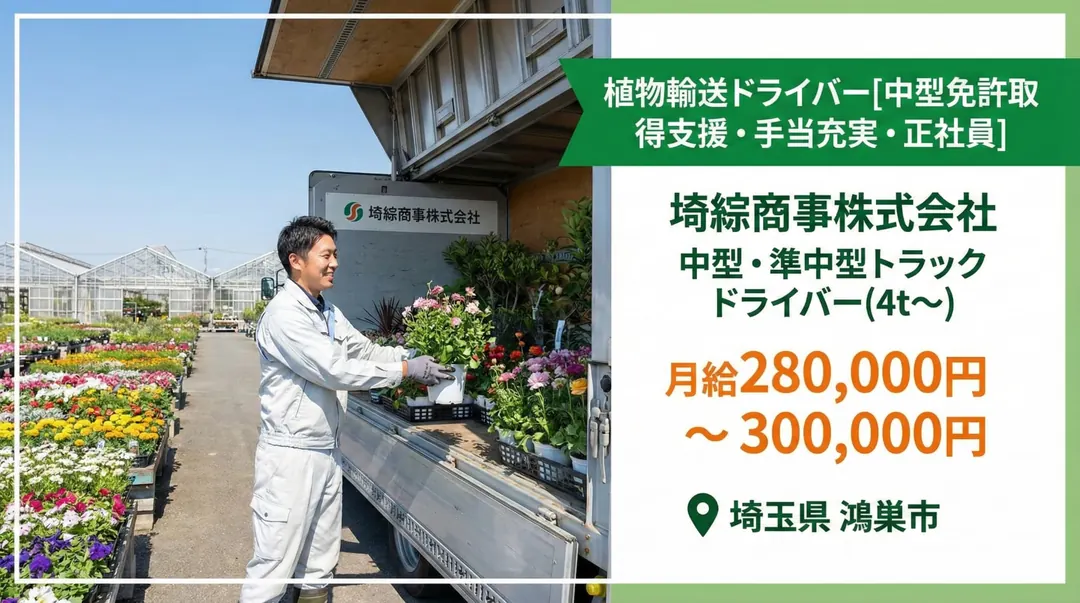 植物輸送ドライバー[中型免許取得支援・手当充実・正社員]