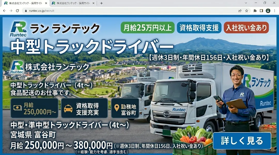 株式会社ランテックの中型・準中型トラックドライバー求人（宮城県富谷町）