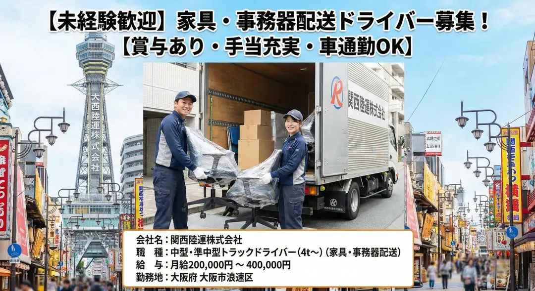 関西陸運株式会社の中型・準中型トラックドライバー求人（大阪府大阪市浪速区）
