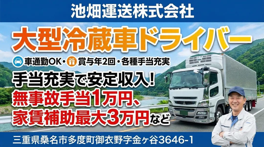 大型冷蔵車ドライバー[車通勤OK・賞与年2回・各種手当充実]