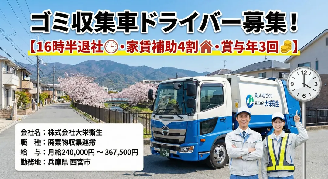 ゴミ収集車ドライバー[16時半退社・家賃補助4割・賞与年3回]