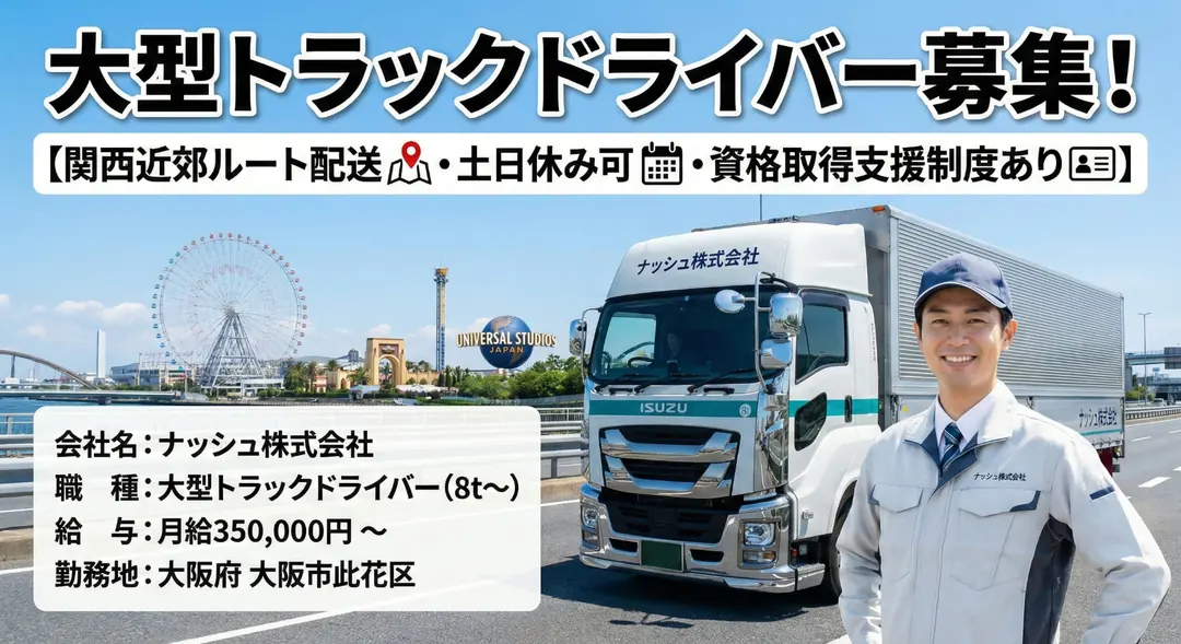 大型トラックドライバー【関西近郊ルート配送・土日休み可・資格取得支援制度あり】