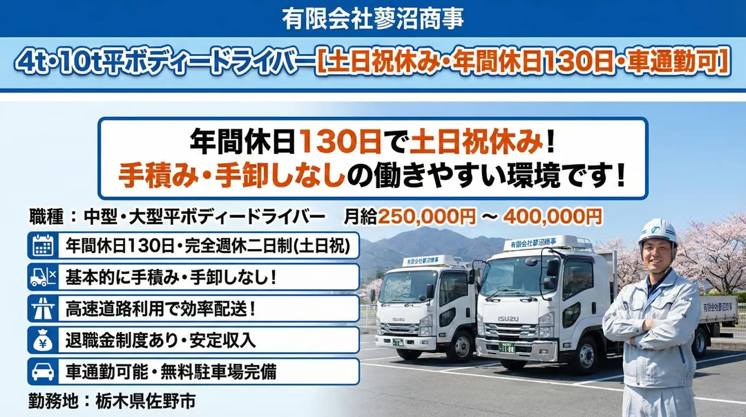有限会社蓼沼商事の中型・準中型トラックドライバー求人(栃木県佐野市)