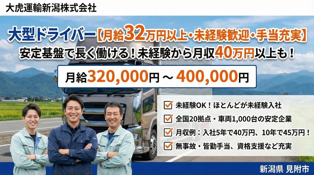 大虎運輸新潟株式会社の大型トラックドライバー求人（新潟県見附市）