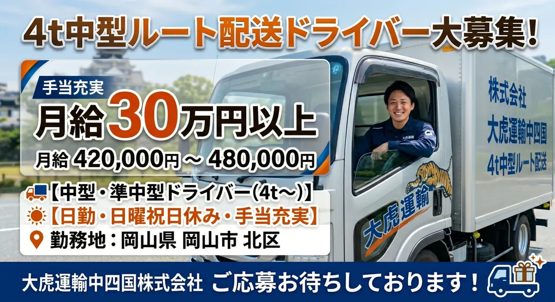 大虎運輸中四国株式会社の中型・準中型トラックドライバー求人（岡山県岡山市北区）