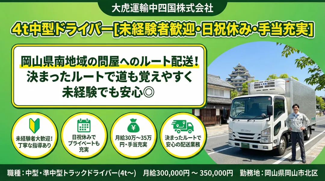大虎運輸中四国株式会社の中型・準中型トラックドライバー求人（岡山県岡山市北区）