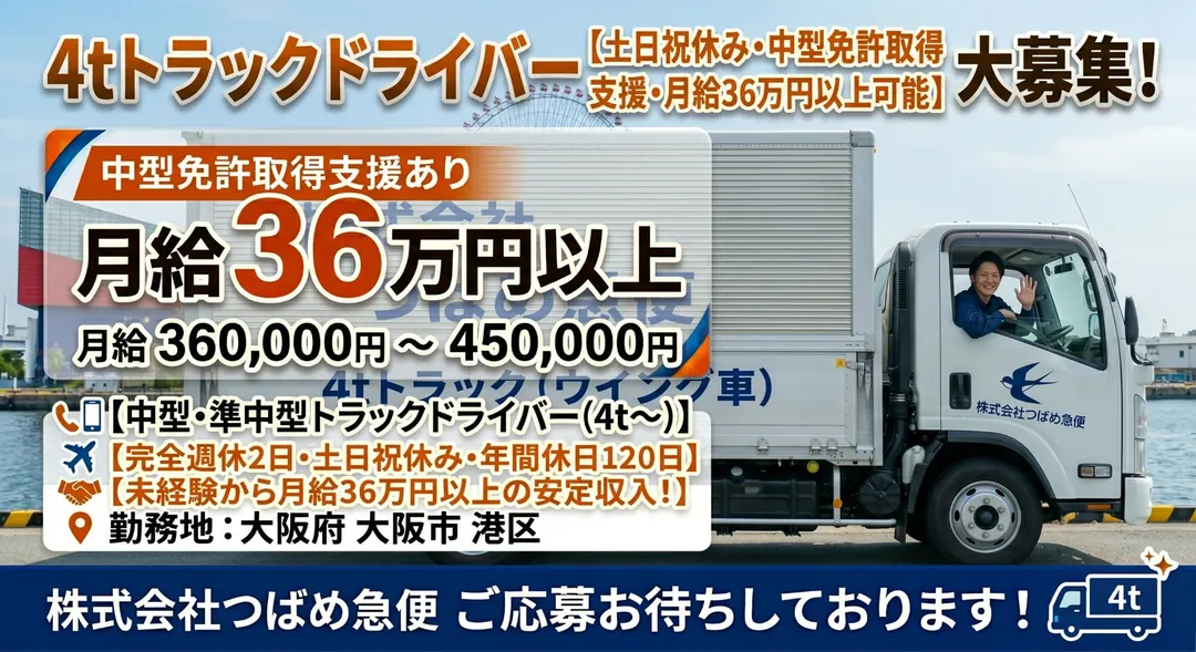 株式会社つばめ急便の中型・準中型トラックドライバー求人（大阪府大阪市港区）