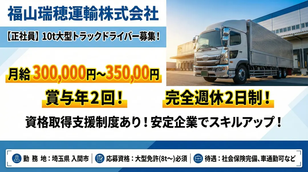 福山瑞穂運輸株式会社の大型トラックドライバー求人（埼玉県入間市）