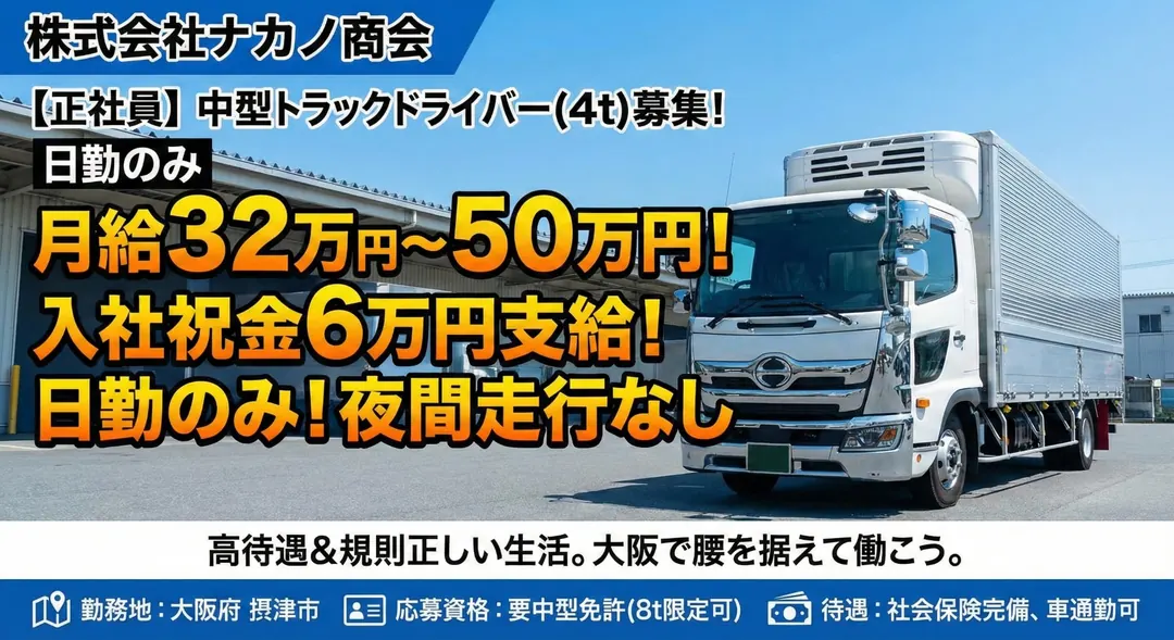株式会社ナカノ商会の中型・準中型トラックドライバー求人（大阪府摂津市）
