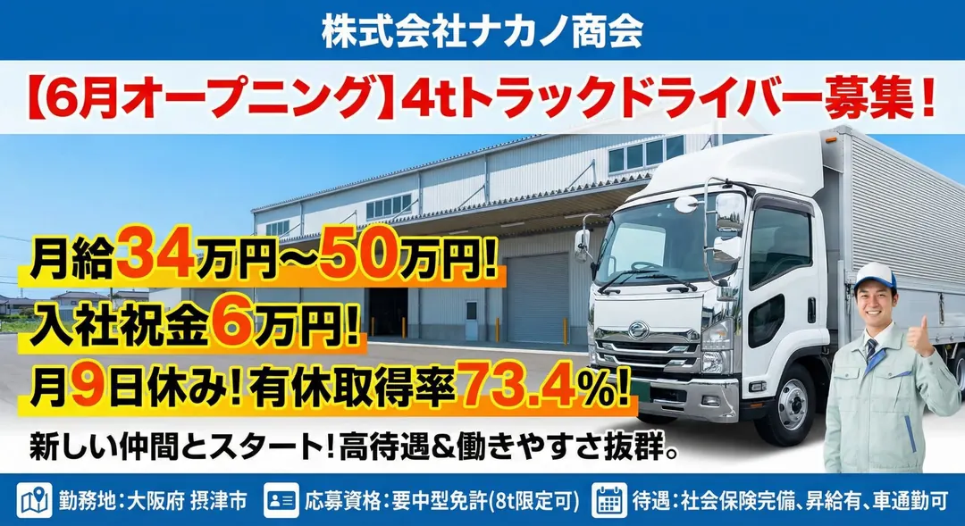 株式会社ナカノ商会の中型・準中型トラックドライバー求人（大阪府摂津市）