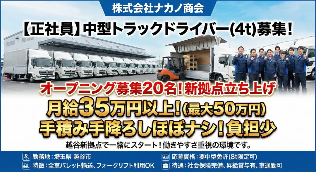 株式会社ナカノ商会の中型・準中型トラックドライバー求人（埼玉県越谷市）