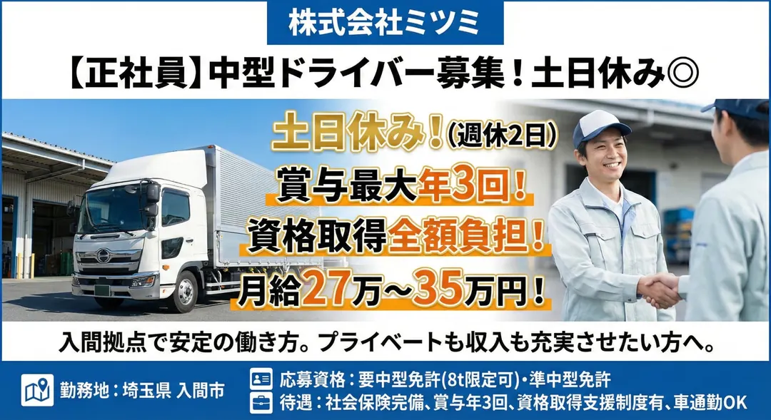 株式会社ミツミの中型・準中型トラックドライバー求人（埼玉県入間市）