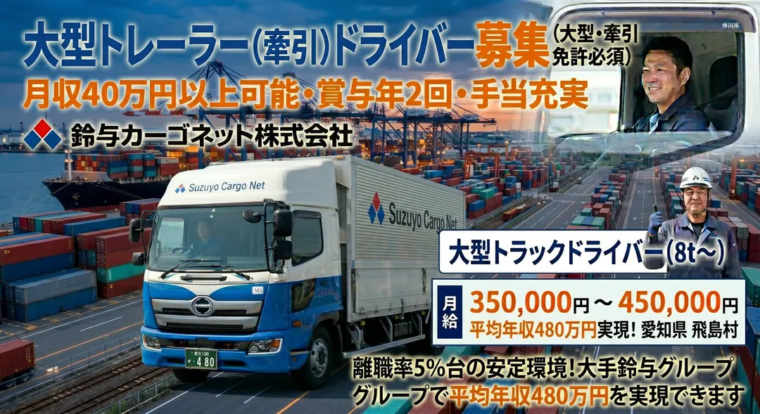 鈴与カーゴネット株式会社の大型トレーラーとドライバー(愛知県飛島村)