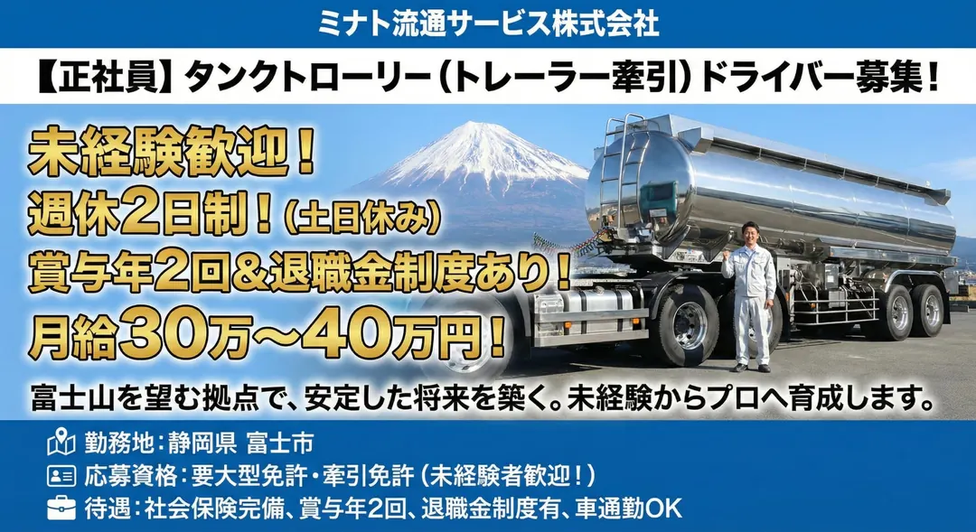 ミナト流通サービス株式会社のタンクローリー(トレーラー)と富士山(静岡県富士市)