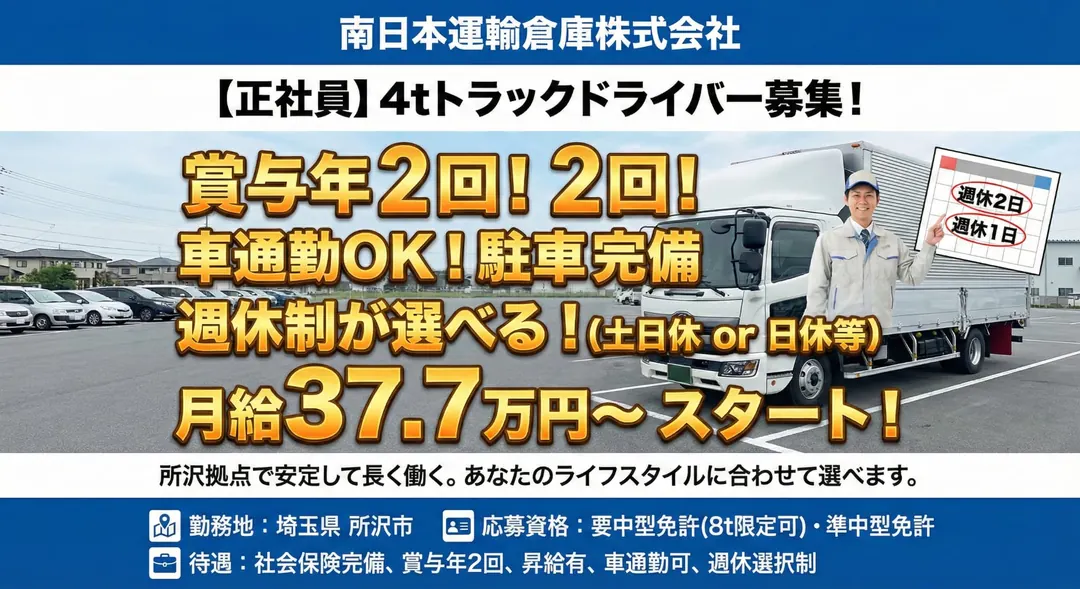 8t限定以上＠所沢市×4tドライバー入社祝い金10万手積み無