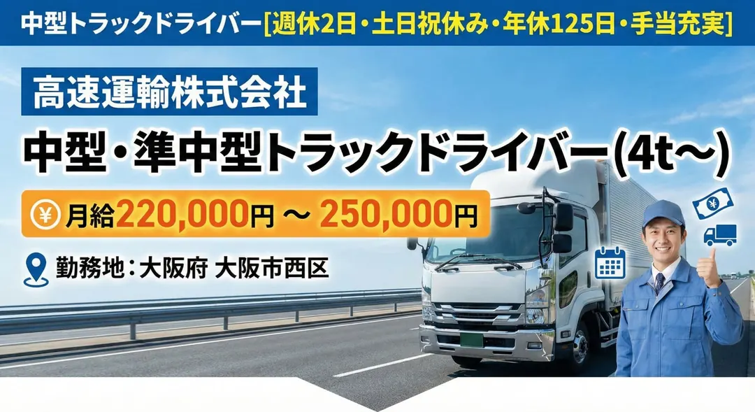 高速運輸株式会社の中型・準中型トラックドライバー求人（大阪府大阪市西区）