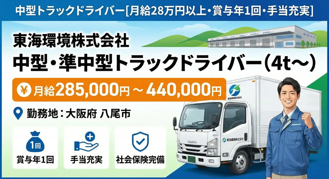 中型トラックドライバー[月給28万円以上・賞与年1回・手当充実]