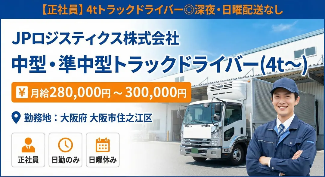 【正社員】4tトラックドライバー◎深夜・日曜配送なし