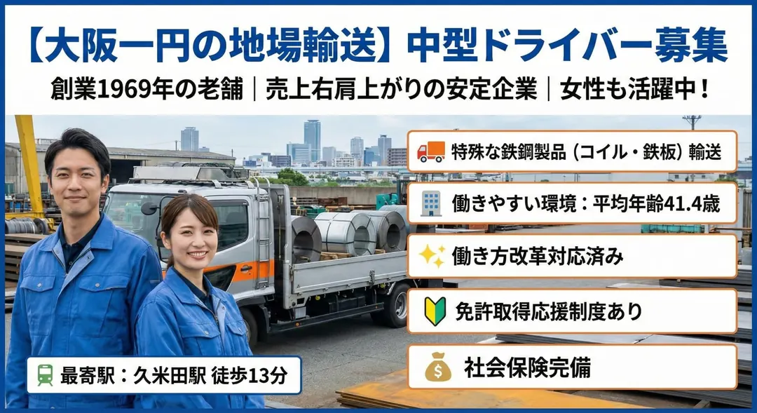 大阪一円の鉄鋼製品の輸送／中型ドライバー【働きやすい環境｜創業1969年の老舗】