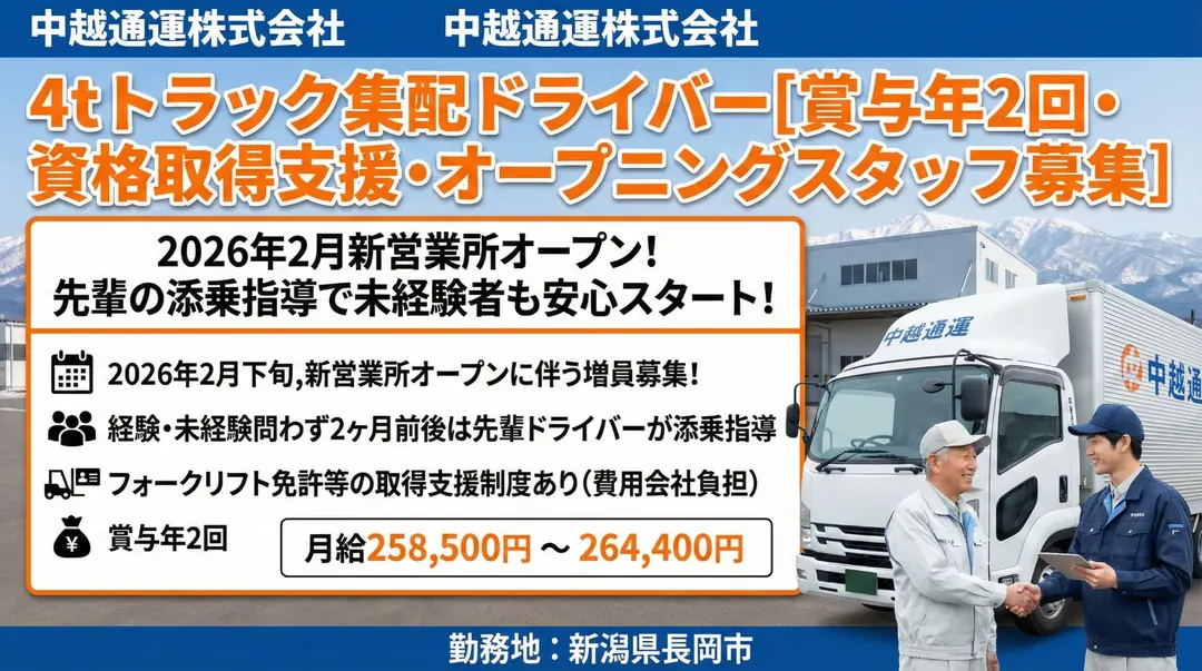 中越通運株式会社の中型・準中型トラックドライバー求人（新潟県長岡市）