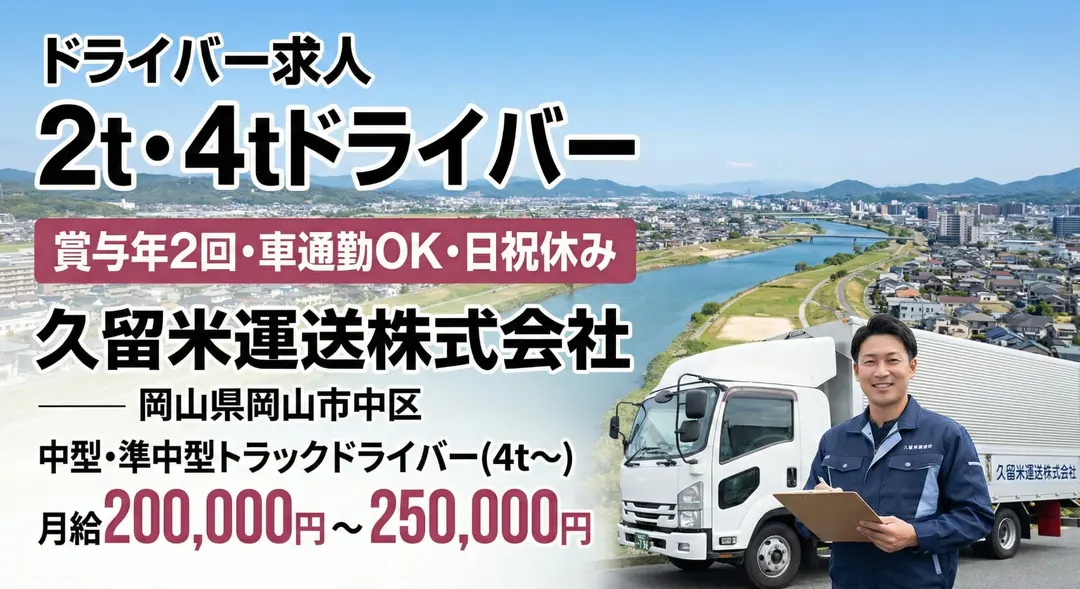 久留米運送株式会社の中型・準中型トラックドライバー求人（岡山県岡山市中区）