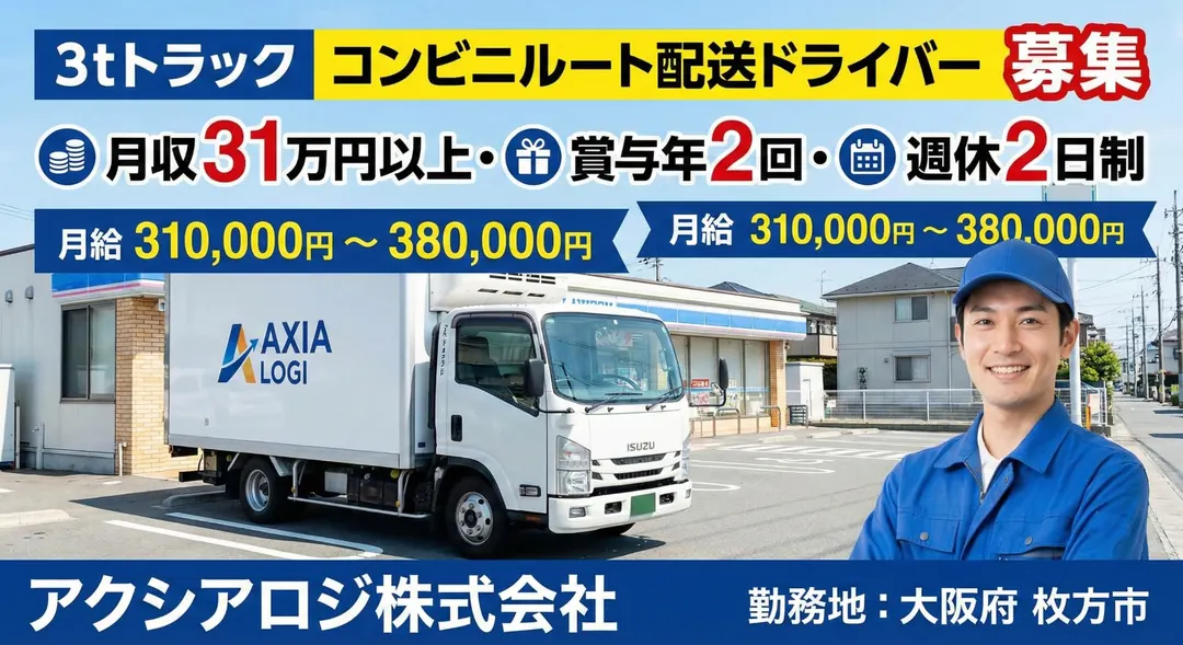 3tトラックでのコンビニルート配送ドライバー[月収31万円以上・賞与年2回・週休2日制]
