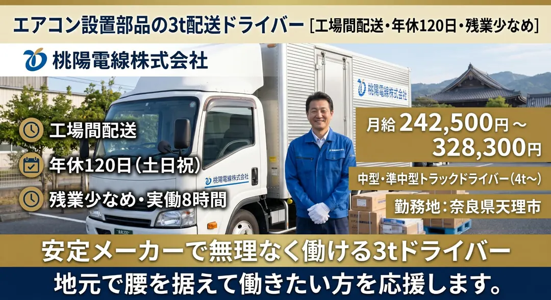 桃陽電線株式会社の中型・準中型トラックドライバー求人（奈良県天理市）