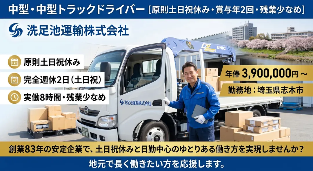 洗足池運輸株式会社の中型・準中型トラックドライバー求人（埼玉県志木市）