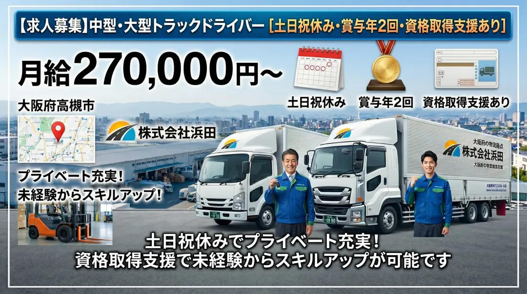 株式会社浜田の中型・準中型トラックドライバー求人（大阪府高槻市）