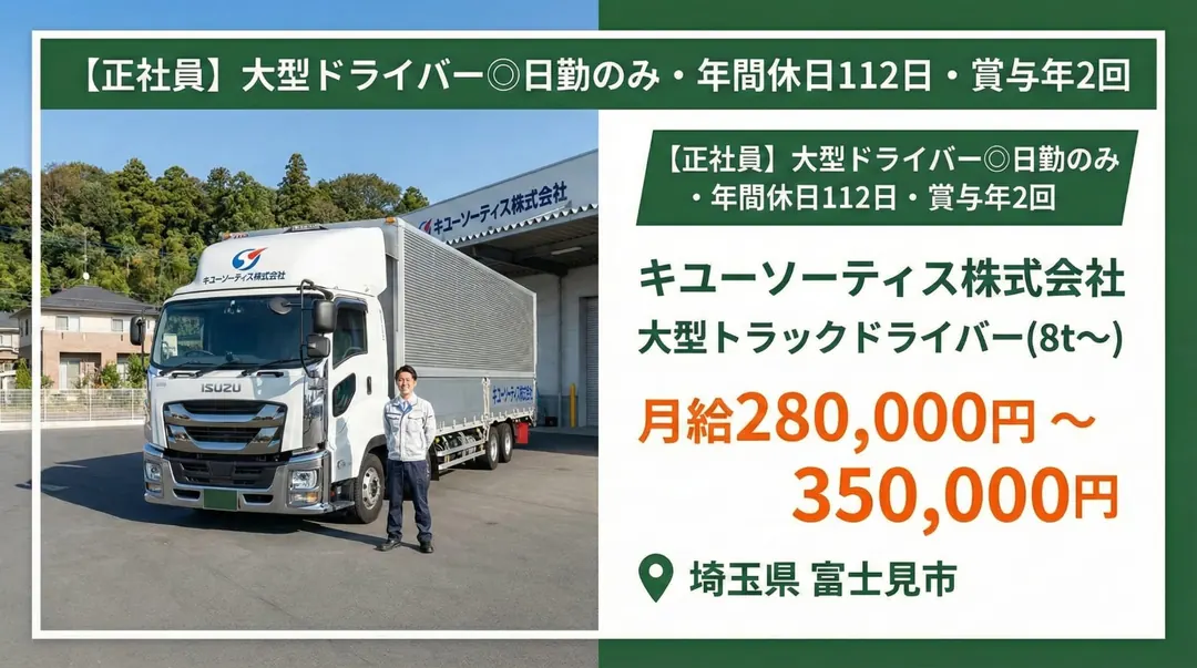 キユーソーティス株式会社の大型トラックドライバー求人（埼玉県富士見市）