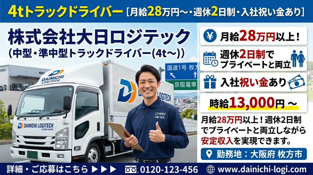 株式会社大日ロジテックの中型・準中型トラックドライバー求人（大阪府枚方市）