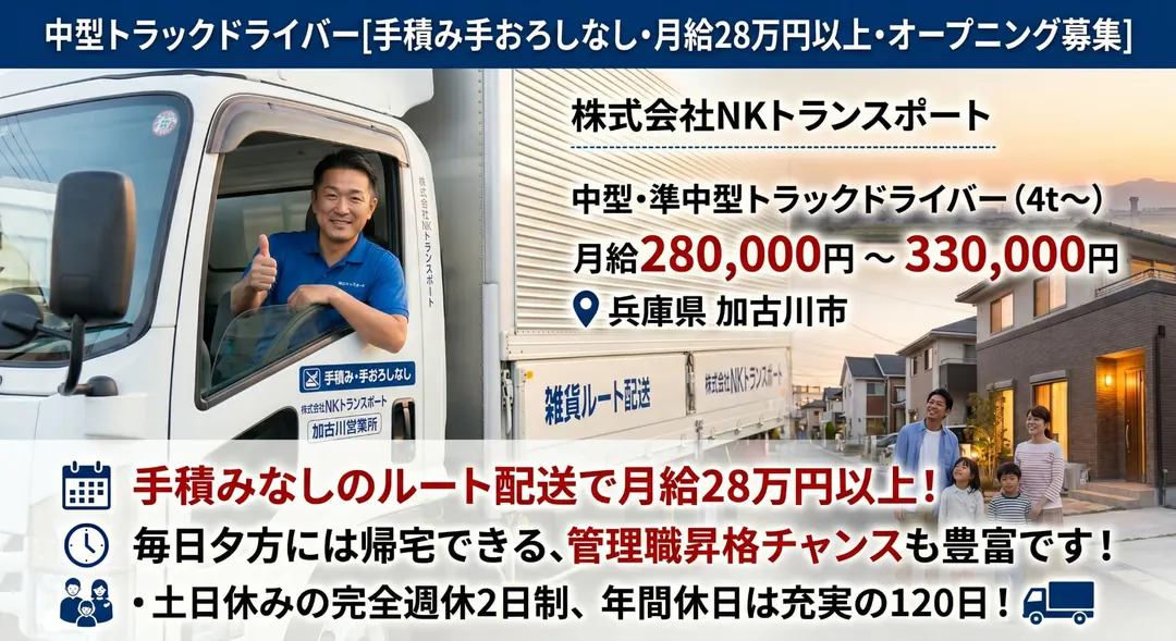株式会社NKトランスポートの中型・準中型トラックドライバー求人（兵庫県加古川市）