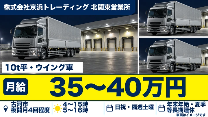 【古河市/大型ドライバー】10t平・ウイング車で北関東〜首都圏へ｜1ヶ所積み1ヶ所降ろし・賞与年2回・正社員 月給35万〜40万円