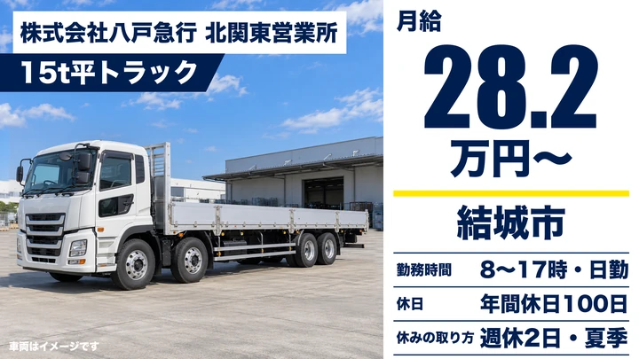 【結城市】鋼材・コンクリート製品を運ぶ大型15t平トラックドライバー｜月給28万円・手積みなし