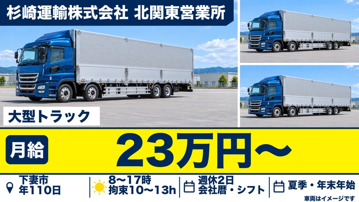 【下妻市】大型トラックドライバー（地場・長距離）｜正社員・月給230,000円＋歩合等（前年度平均支給40〜46万円）
