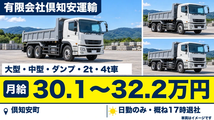 【倶知安町・北6条東/正社員】大型トラックドライバー|生コン・ダンプ・一般貨物の地場運搬・月給30.1万〜32.2万円