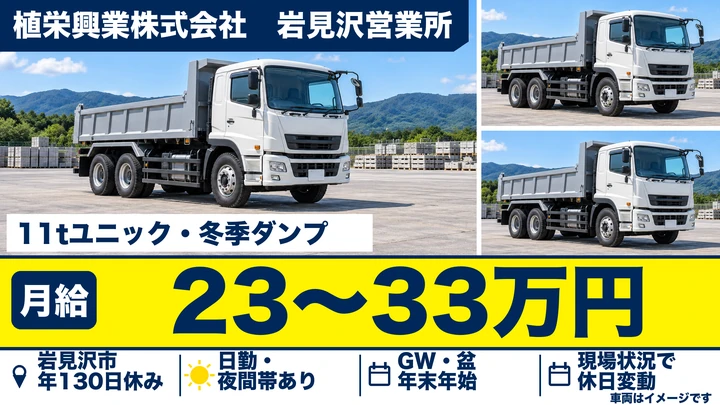 【岩見沢市・志文町/正社員】11tユニック車ドライバー|月収例23万〜33万円・道央圏中心に全道/資格取得支援・年間休日130日