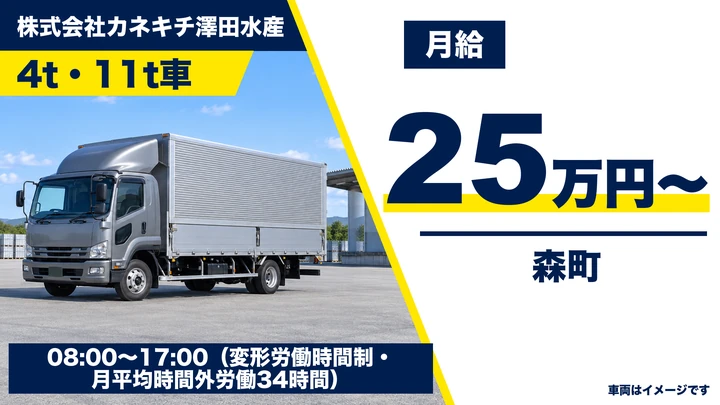 【森町・砂原／正社員】鮮魚を運ぶ中型・大型ドライバー（工場作業兼務）｜月給25万円・8〜17時・フォークリフト資格者歓迎