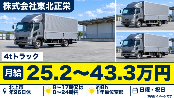 【北上市】4t中型トラックで全国中長距離輸送ドライバー｜パレット・代車中心で負担少／正社員・未経験可