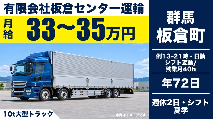 【板倉町／正社員】大型トラックドライバー（10tルート配送・関東一円／月給33万円〜・年間休日72日・未経験歓迎）