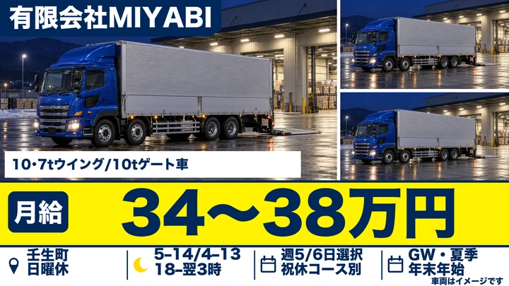 【壬生町/正社員】大型トラックドライバー(10t・7tウイング/ゲート)|月給34万〜38万円+バラ手当・免許取得費用全額会社負担・女性活躍中