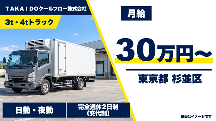 【東京都杉並区】3t・4t食品配送ドライバー／正社員・月収例35万円
