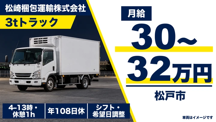 【千葉県松戸市】2tトラックドライバー/正社員・パン&チルド配送