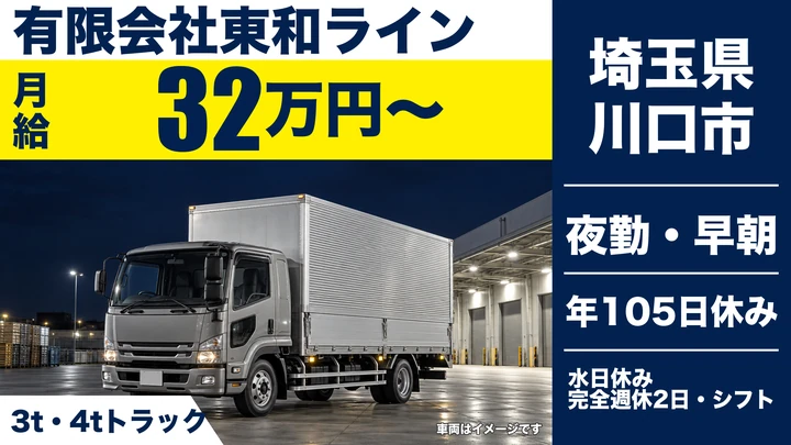 【埼玉県川口市】4tトラックドライバー／正社員・青果ルート配送