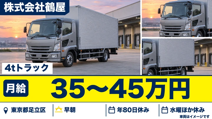 【東京都足立区】4t青果配送ドライバー／月給35万円～・早朝勤務