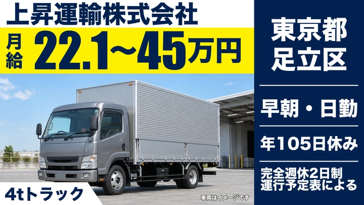 【東京都足立区】4t車ルート配送ドライバー／長距離なし・正社員