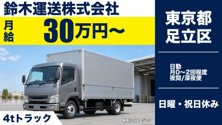【東京都足立区】4t車配送ドライバー／月給30万円~・日帰り運行