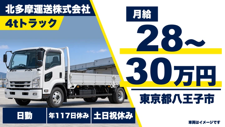 【東京都八王子市】4t配送ドライバー/月給28万円~・無事故手当あり
