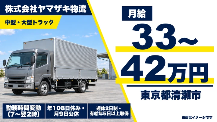 【東京都清瀬市】中型・準中型トラックドライバー/月給33万円~42万円