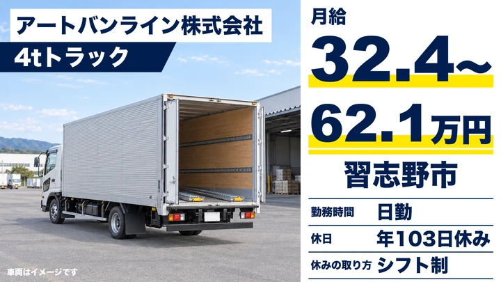 【千葉県習志野市】4tトラックドライバー／正社員・月給32.4万円～62.1万円